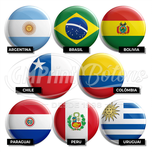 Bótons com bandeiras dos países da América do Sul